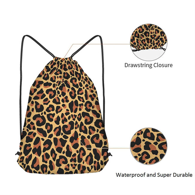 Brown Leopard Print Drawstring Bags Backpack Bag Animal Skin Digital Printed Wild Safari Theme Spot Pattern Sport Gym Sack Drawstring Bag String Bag Yoga Bag for Men Women Boys Girls